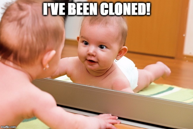 I'VE BEEN CLONED! | image tagged in skeptical baby,mirror | made w/ Imgflip meme maker