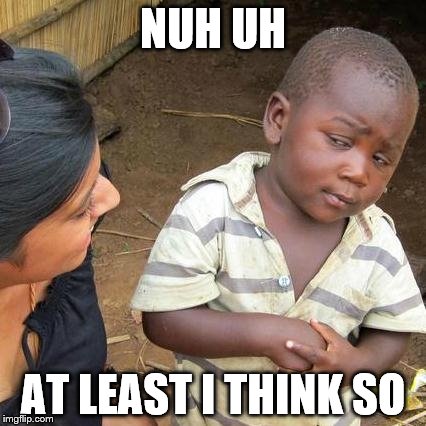 Third World Skeptical Kid Meme | NUH UH AT LEAST I THINK SO | image tagged in memes,third world skeptical kid | made w/ Imgflip meme maker