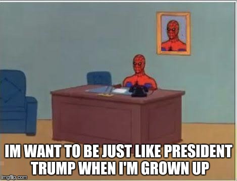 Spiderman Computer Desk Meme | IM WANT TO BE JUST LIKE PRESIDENT TRUMP WHEN I'M GROWN UP | image tagged in memes,spiderman computer desk,spiderman | made w/ Imgflip meme maker