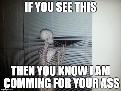 Skeleton Looking Out Window | IF YOU SEE THIS; THEN YOU KNOW I AM COMMING FOR YOUR ASS | image tagged in skeleton looking out window | made w/ Imgflip meme maker