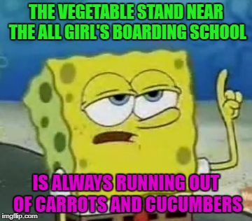 I'll have you know... | THE VEGETABLE STAND NEAR THE ALL GIRL'S BOARDING SCHOOL; IS ALWAYS RUNNING OUT OF CARROTS AND CUCUMBERS | image tagged in memes,ill have you know spongebob | made w/ Imgflip meme maker