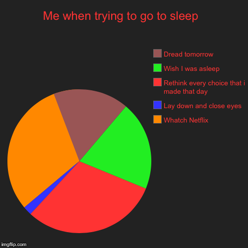 Me when trying to go to sleep  | Whatch Netflix , Lay down and close eyes , Rethink every choice that i made that day , Wish I was asleep ,  | image tagged in funny,pie charts | made w/ Imgflip chart maker