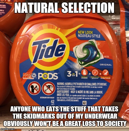 Millennials eat tide pods | NATURAL SELECTION; ANYONE WHO EATS THE STUFF THAT TAKES THE SKIDMARKS OUT OF MY UNDERWEAR OBVIOUSLY WON'T BE A GREAT LOSS TO SOCIETY | image tagged in millennials eat tide pods | made w/ Imgflip meme maker