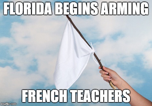 Arming Teachers |  FLORIDA BEGINS ARMING; FRENCH TEACHERS | image tagged in school shooting,teachers,guns,france,surrender,white flag | made w/ Imgflip meme maker