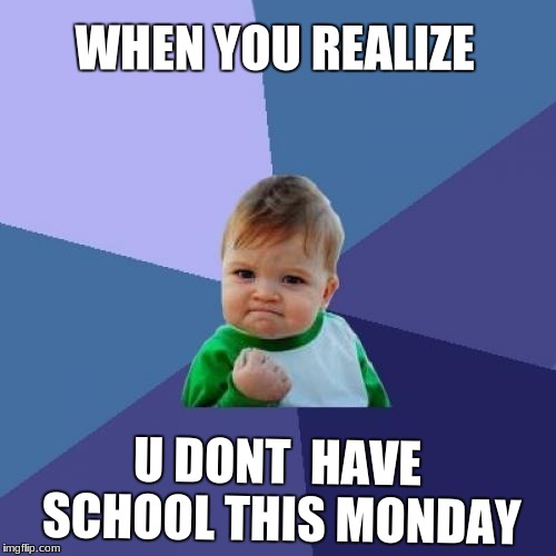 Success Kid Meme | WHEN YOU REALIZE; U DONT  HAVE SCHOOL THIS MONDAY | image tagged in memes,success kid | made w/ Imgflip meme maker