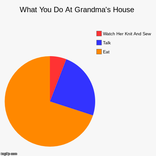 What You Do At Grandma's House | Eat, Talk, Watch Her Knit And Sew | image tagged in funny,pie charts | made w/ Imgflip chart maker