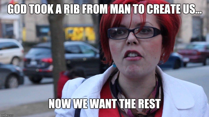 Feminism | GOD TOOK A RIB FROM MAN TO CREATE US... NOW WE WANT THE REST | image tagged in feminism | made w/ Imgflip meme maker