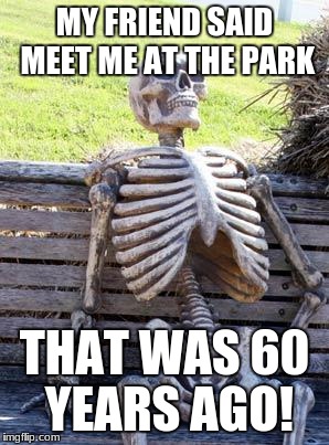 Waiting Skeleton Meme |  MY FRIEND SAID MEET ME AT THE PARK; THAT WAS 60 YEARS AGO! | image tagged in memes,waiting skeleton | made w/ Imgflip meme maker