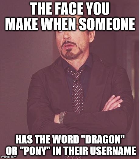 Face You Make Robert Downey Jr | THE FACE YOU MAKE WHEN SOMEONE; HAS THE WORD "DRAGON" OR "PONY" IN THEIR USERNAME | image tagged in memes,face you make robert downey jr | made w/ Imgflip meme maker