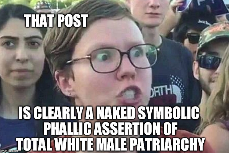 THAT POST IS CLEARLY A NAKED SYMBOLIC PHALLIC ASSERTION OF TOTAL WHITE MALE PATRIARCHY | made w/ Imgflip meme maker