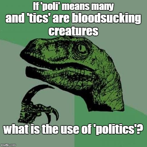 Any uses other than igniting flame wars in the comment section?  | If 'poli' means many; and 'tics' are bloodsucking creatures; what is the use of 'politics'? | image tagged in philosoraptor,politics,political memes,flame war,memes | made w/ Imgflip meme maker