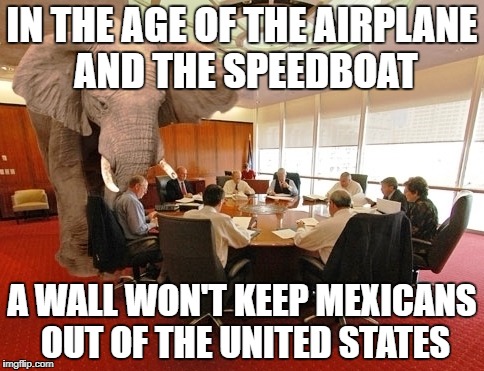 Where I come from, we call it "Symbol Politics" | IN THE AGE OF THE AIRPLANE AND THE SPEEDBOAT; A WALL WON'T KEEP MEXICANS OUT OF THE UNITED STATES | image tagged in elephant in the room,wall,trump wall | made w/ Imgflip meme maker