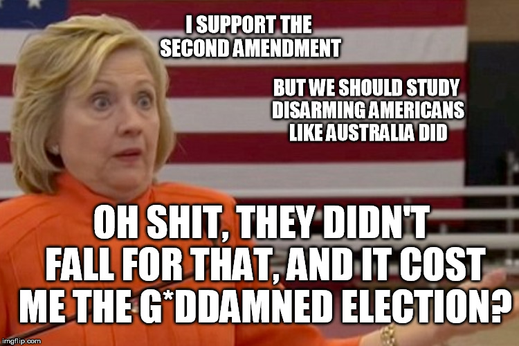 I SUPPORT THE SECOND AMENDMENT OH SHIT, THEY DIDN'T FALL FOR THAT, AND IT COST ME THE G*DDAMNED ELECTION? BUT WE SHOULD STUDY DISARMING AMER | made w/ Imgflip meme maker