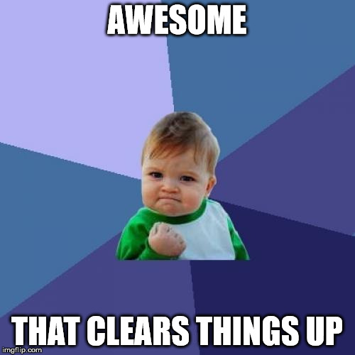 Success Kid Meme | AWESOME THAT CLEARS THINGS UP | image tagged in memes,success kid | made w/ Imgflip meme maker