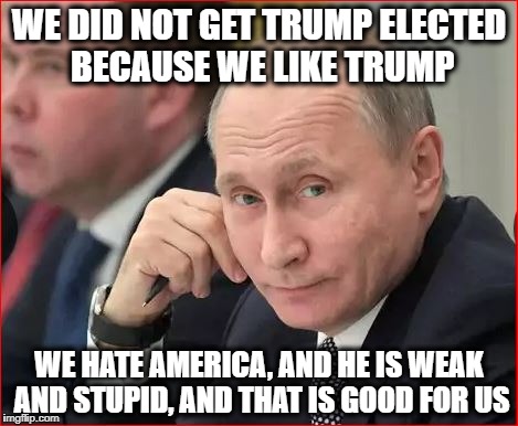 Sly Dog Putin | WE DID NOT GET TRUMP ELECTED BECAUSE WE LIKE TRUMP; WE HATE AMERICA, AND HE IS WEAK AND STUPID, AND THAT IS GOOD FOR US | image tagged in russia,donald trump,trump russia,trump | made w/ Imgflip meme maker