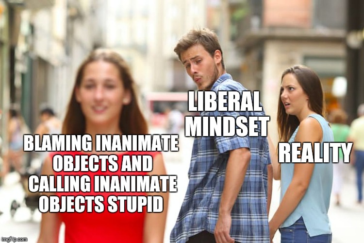 Distracted Boyfriend Meme | BLAMING INANIMATE OBJECTS AND CALLING INANIMATE OBJECTS STUPID LIBERAL MINDSET REALITY | image tagged in memes,distracted boyfriend | made w/ Imgflip meme maker