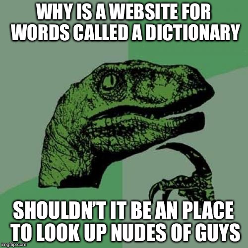 Philosoraptor Meme | WHY IS A WEBSITE FOR WORDS CALLED A DICTIONARY; SHOULDN’T IT BE AN PLACE TO LOOK UP NUDES OF GUYS | image tagged in memes,philosoraptor | made w/ Imgflip meme maker