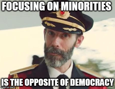 Captain Obvious | FOCUSING ON MINORITIES; IS THE OPPOSITE OF DEMOCRACY | image tagged in captain obvious | made w/ Imgflip meme maker