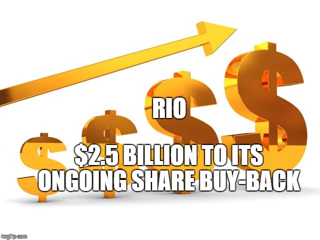 rio tinto
stock  | RIO; $2.5 BILLION TO ITS ONGOING SHARE BUY-BACK | image tagged in stocks | made w/ Imgflip meme maker