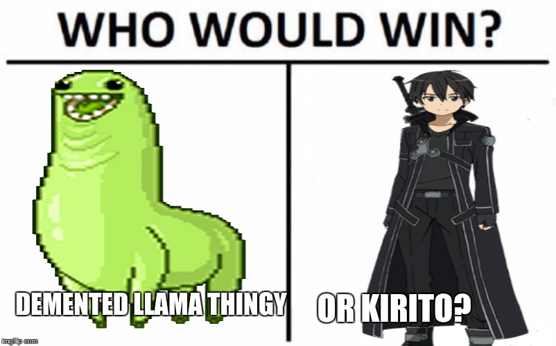 i vote for kirito | DEMENTED LLAMA THINGY; OR KIRITO? | image tagged in memes,who would win,sword art online,llama,demon | made w/ Imgflip meme maker