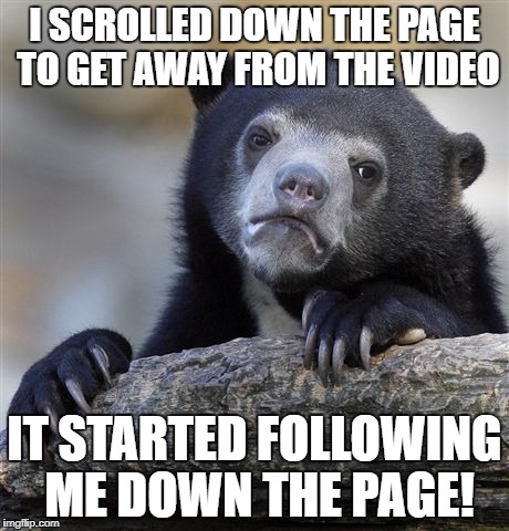 Confession Bear | I SCROLLED DOWN THE PAGE TO GET AWAY FROM THE VIDEO; IT STARTED FOLLOWING ME DOWN THE PAGE! | image tagged in memes,confession bear | made w/ Imgflip meme maker