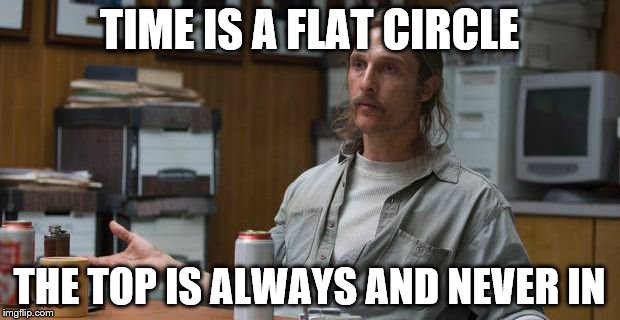 True Detective  |  TIME IS A FLAT CIRCLE; THE TOP IS ALWAYS AND NEVER IN | image tagged in true detective | made w/ Imgflip meme maker