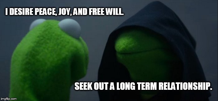 Evil Kermit Meme | I DESIRE PEACE, JOY, AND FREE WILL. SEEK OUT A LONG TERM RELATIONSHIP. | image tagged in memes,evil kermit | made w/ Imgflip meme maker