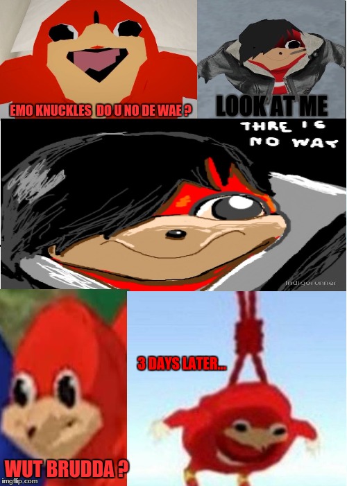 The Wae Is Dead D; | LOOK AT ME; EMO KNUCKLES  DO U NO DE WAE ? 3 DAYS LATER... WUT BRUDDA ? | image tagged in memes,de wae,ugandan knuckles,emo knuckles,de wae is dead | made w/ Imgflip meme maker