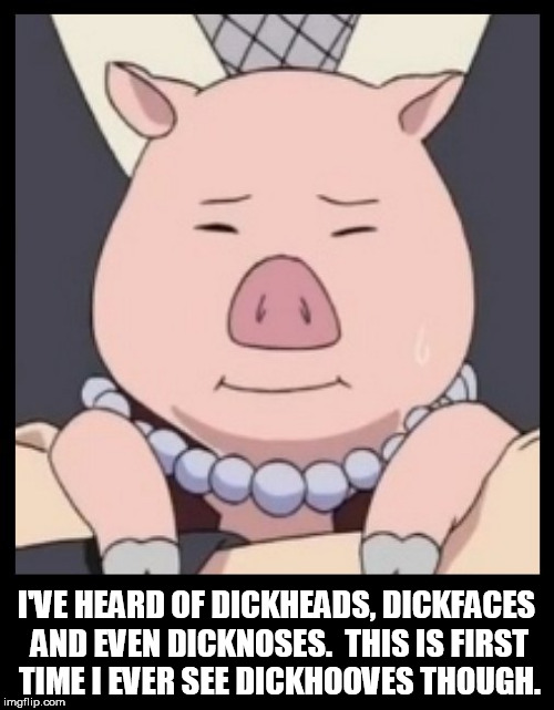 tonton | I'VE HEARD OF DICKHEADS, DICKFACES AND EVEN DICKNOSES.  THIS IS FIRST TIME I EVER SEE DICKHOOVES THOUGH. | image tagged in tonton,dick,dicks,dickhead,dick jokes,pig | made w/ Imgflip meme maker