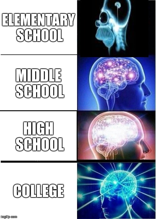 Expanding Brain Meme | ELEMENTARY SCHOOL; MIDDLE SCHOOL; HIGH SCHOOL; COLLEGE | image tagged in memes,expanding brain | made w/ Imgflip meme maker