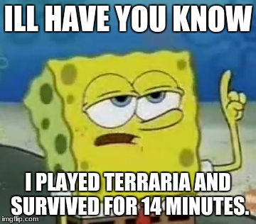 I'll Have You Know Spongebob | ILL HAVE YOU KNOW; I PLAYED TERRARIA AND SURVIVED FOR 14 MINUTES. | image tagged in memes,ill have you know spongebob | made w/ Imgflip meme maker
