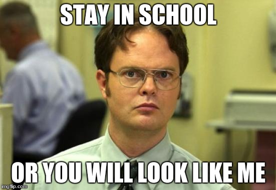 Dwight Schrute Meme | STAY IN SCHOOL; OR YOU WILL LOOK LIKE ME | image tagged in memes,dwight schrute | made w/ Imgflip meme maker