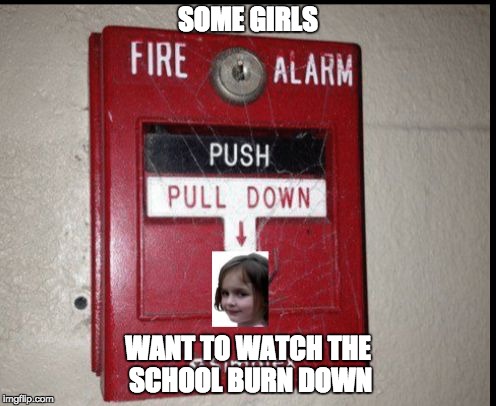 Disaster girl fire alarm | SOME GIRLS; WANT TO WATCH THE SCHOOL BURN DOWN | image tagged in disaster girl fire alarm | made w/ Imgflip meme maker