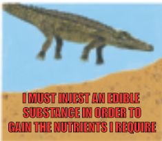 Lets make this a major meme!
(template is: Overly Complicated Aligator) | I MUST INJEST AN EDIBLE SUBSTANCE IN ORDER TO GAIN THE NUTRIENTS I REQUIRE | image tagged in overly complicated aligator,memes,funny,new memes | made w/ Imgflip meme maker