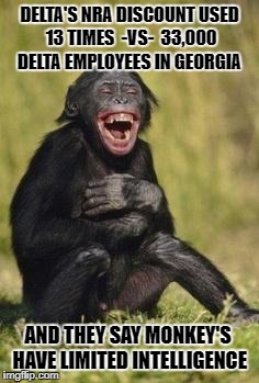 Laughing monkey | DELTA'S NRA DISCOUNT USED 13 TIMES  -VS-  33,000 DELTA EMPLOYEES IN GEORGIA; AND THEY SAY MONKEY'S HAVE LIMITED INTELLIGENCE | image tagged in laughing monkey | made w/ Imgflip meme maker