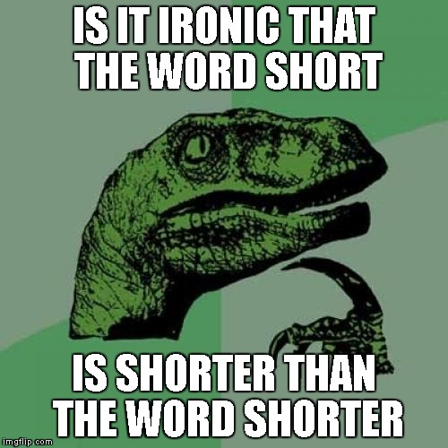 Philosoraptor Meme | IS IT IRONIC THAT THE WORD SHORT; IS SHORTER THAN THE WORD SHORTER | image tagged in memes,philosoraptor | made w/ Imgflip meme maker