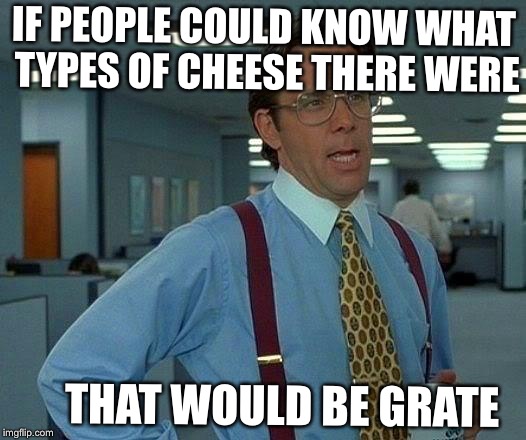 Get it? | IF PEOPLE COULD KNOW WHAT TYPES OF CHEESE THERE WERE; THAT WOULD BE GRATE | image tagged in memes,that would be great | made w/ Imgflip meme maker