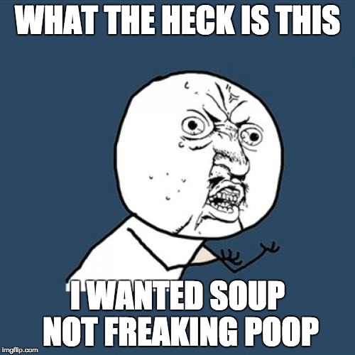 Y U No | WHAT THE HECK IS THIS; I WANTED SOUP NOT FREAKING POOP | image tagged in memes,y u no | made w/ Imgflip meme maker