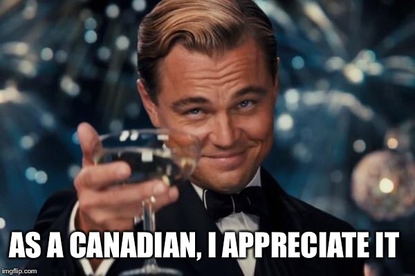 Leonardo Dicaprio Cheers Meme | AS A CANADIAN, I APPRECIATE IT | image tagged in memes,leonardo dicaprio cheers | made w/ Imgflip meme maker