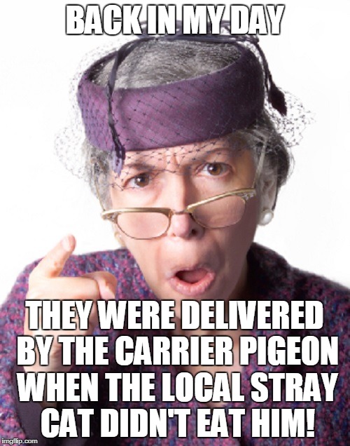 BACK IN MY DAY THEY WERE DELIVERED BY THE CARRIER PIGEON WHEN THE LOCAL STRAY CAT DIDN'T EAT HIM! | made w/ Imgflip meme maker