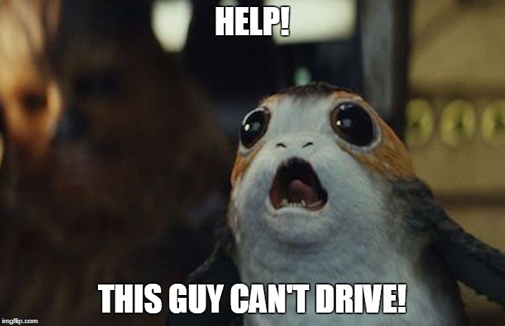 can't drive | HELP! THIS GUY CAN'T DRIVE! | image tagged in star wars porg | made w/ Imgflip meme maker