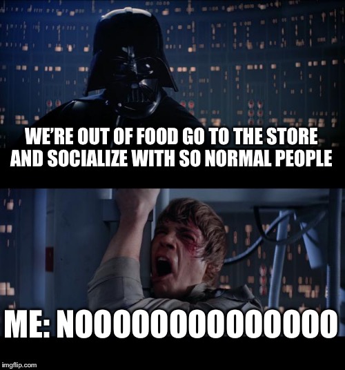 Star Wars No Meme | WE’RE OUT OF FOOD GO TO THE STORE AND SOCIALIZE WITH SO NORMAL PEOPLE; ME: NOOOOOOOOOOOOOO | image tagged in memes,star wars no | made w/ Imgflip meme maker