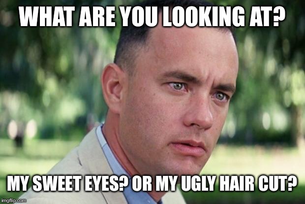 And Just Like That Meme | WHAT ARE YOU LOOKING AT? MY SWEET EYES? OR MY UGLY HAIR CUT? | image tagged in forrest gump | made w/ Imgflip meme maker