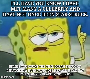 I'll Have You Know Spongebob | I'LL HAVE YOU KNOW I HAVE MET MANY A CELEBRITY AND HAVE NOT ONCE BEEN STAR-STRUCK. UNLESS YOU COUNT THE TIME OPRAH THOUGHT I SNATCHED A HUSH PUPPY OFF HER ALL-U-CAN-EAT CHICKEN DINNER PLATTER, OF COURSE. | image tagged in memes,ill have you know spongebob | made w/ Imgflip meme maker