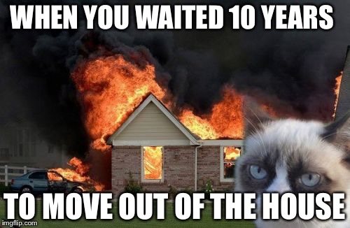 Burn Kitty Meme | WHEN YOU WAITED 10 YEARS; TO MOVE OUT OF THE HOUSE | image tagged in memes,burn kitty,grumpy cat | made w/ Imgflip meme maker