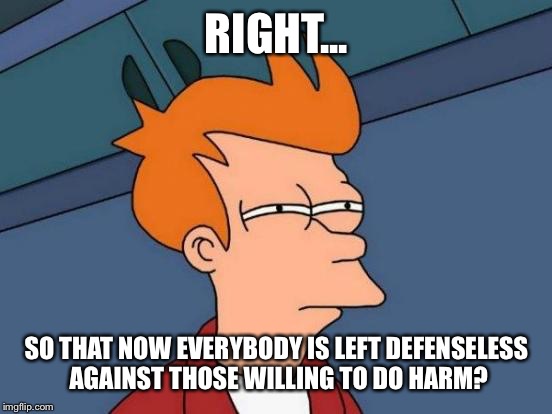 Futurama Fry Meme | RIGHT... SO THAT NOW EVERYBODY IS LEFT DEFENSELESS AGAINST THOSE WILLING TO DO HARM? | image tagged in memes,futurama fry,sexy | made w/ Imgflip meme maker