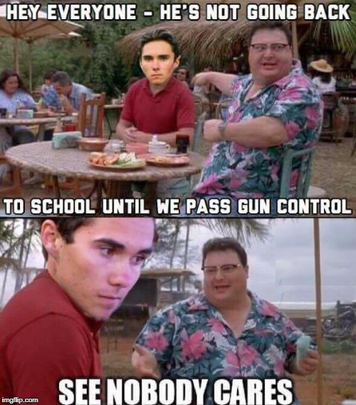 The media want to call for gun bans but they can't so they allow teenagers to do it everyday. | HEY EVERYONE - HE'S NOT GOING BACK; TO SCHOOL UNTIL WE PASS GUN CONTROL; SEE NOBODY CARES | image tagged in david hogg,see nobody cares,gun control,school shooting,memes | made w/ Imgflip meme maker