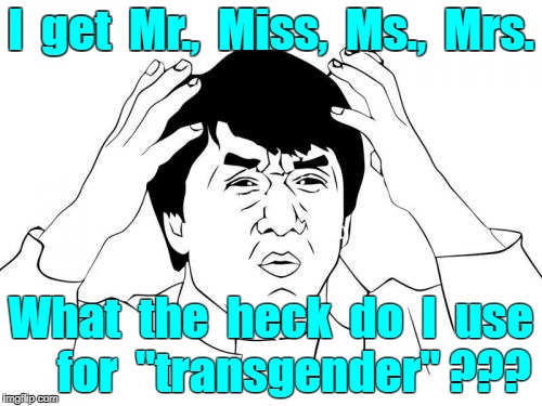 Gender Bender ? | I  get  Mr.,  Miss,  Ms.,  Mrs. What  the  heck  do  I  use     for  "transgender" ??? | image tagged in memes,jackie chan wtf,transgender | made w/ Imgflip meme maker