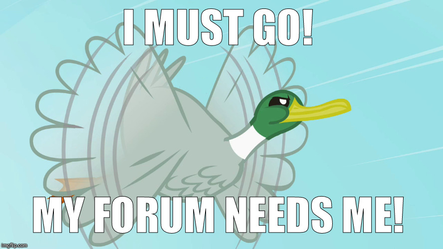 Op is a duck | I MUST GO! MY FORUM NEEDS ME! | image tagged in mlp,funny,duck,dumb,internet,shitpost | made w/ Imgflip meme maker