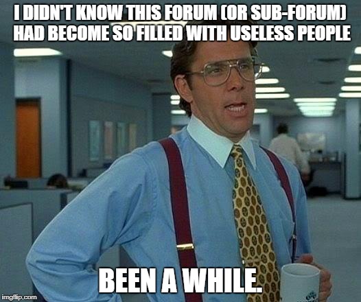That Would Be Great Meme | I DIDN'T KNOW THIS FORUM (OR SUB-FORUM) HAD BECOME SO FILLED WITH USELESS PEOPLE; BEEN A WHILE. | image tagged in memes,that would be great | made w/ Imgflip meme maker